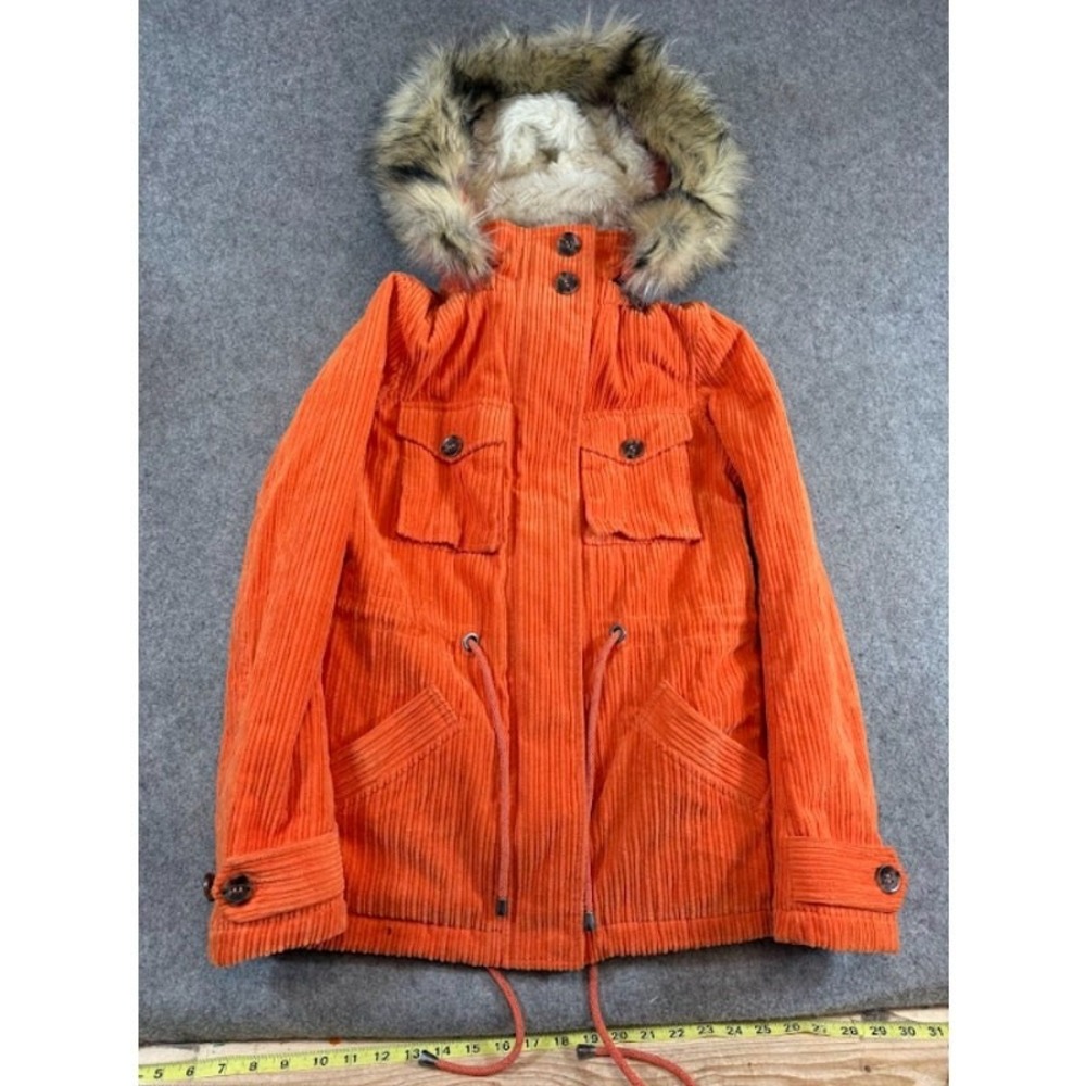 United Colors of Benetton Orange Corduroy Faux Fur Parka Jacket Womens 2 VTG